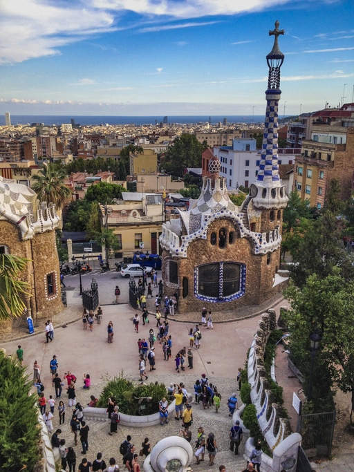 View of Park Guell and, in the background, the buildings of Barcelona.